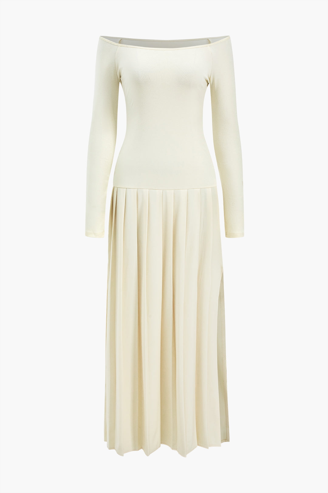 Pleated Off Shoulder Patchwork Side Slit Long Sleeve Maxi Dress