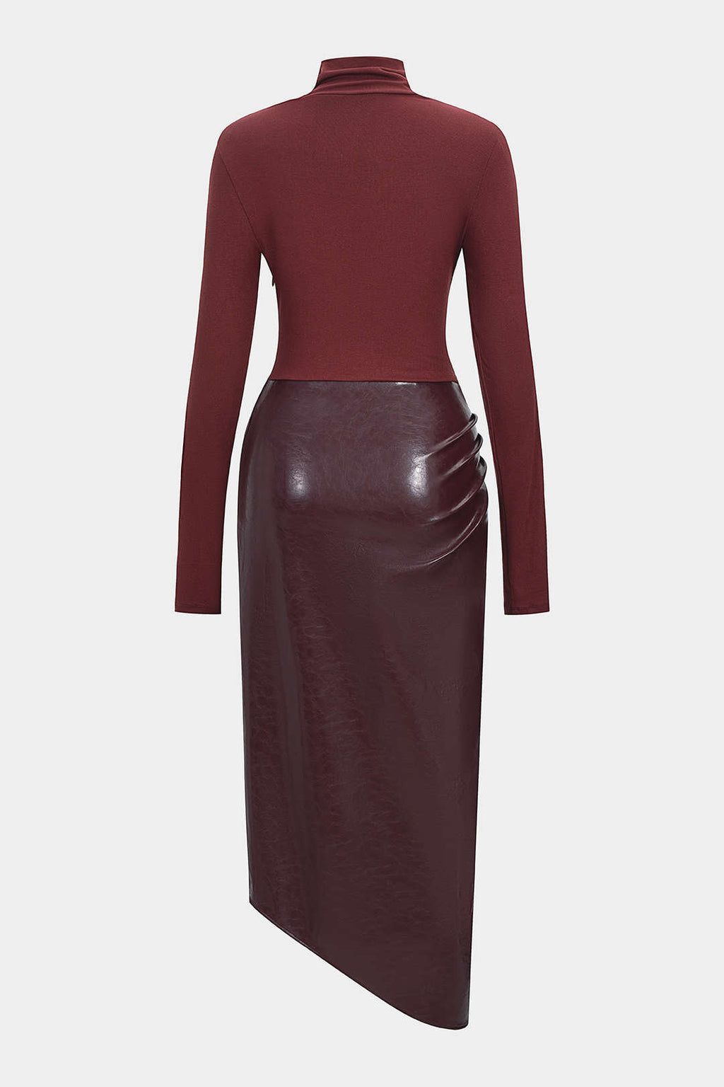 Faux Leather Patchwork Mock Neck Ruched Long Sleeve Maxi Dress