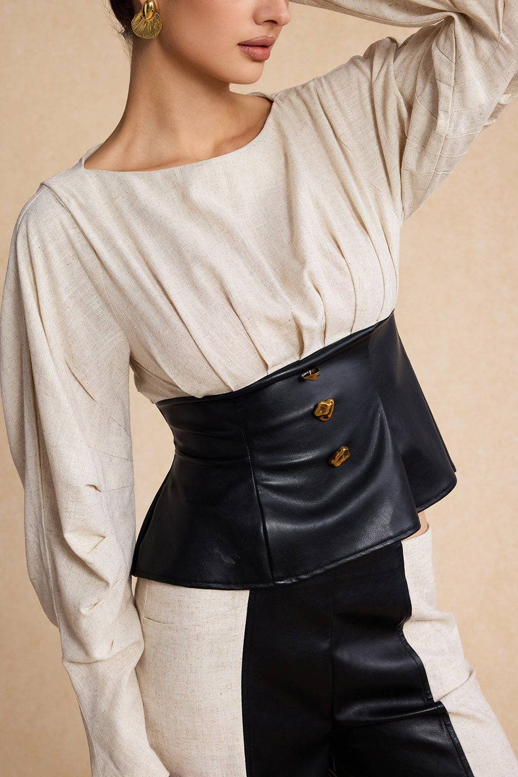 Linen Faux Leather Patchwork Long-Sleeve Shirt