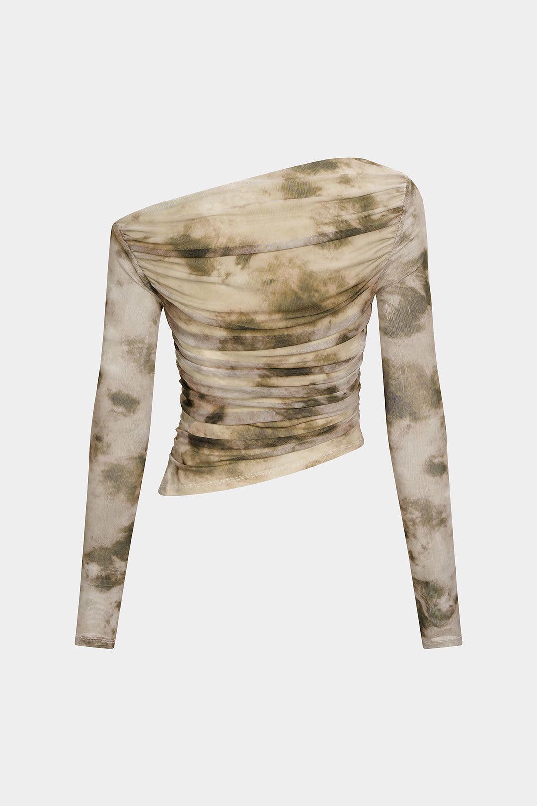 Abstract Print Mesh Off Shoulder Ruched Asymmetrical Long-Sleeve Top