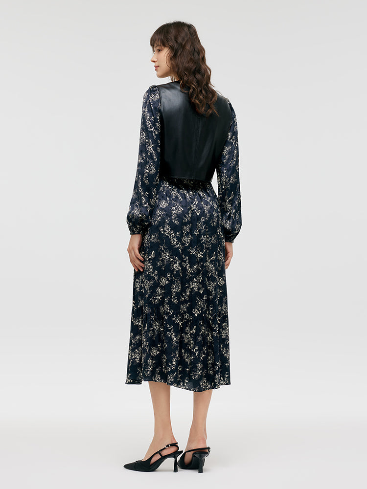 Conjunto Chaleco Eco Cuero Vegano y Vestido Midi Floral