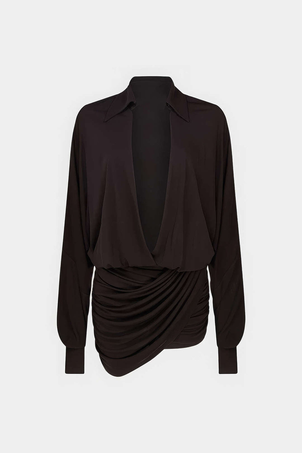 Ruched Deep V-Neck Asymmetrical Long Sleeve Mini Dress