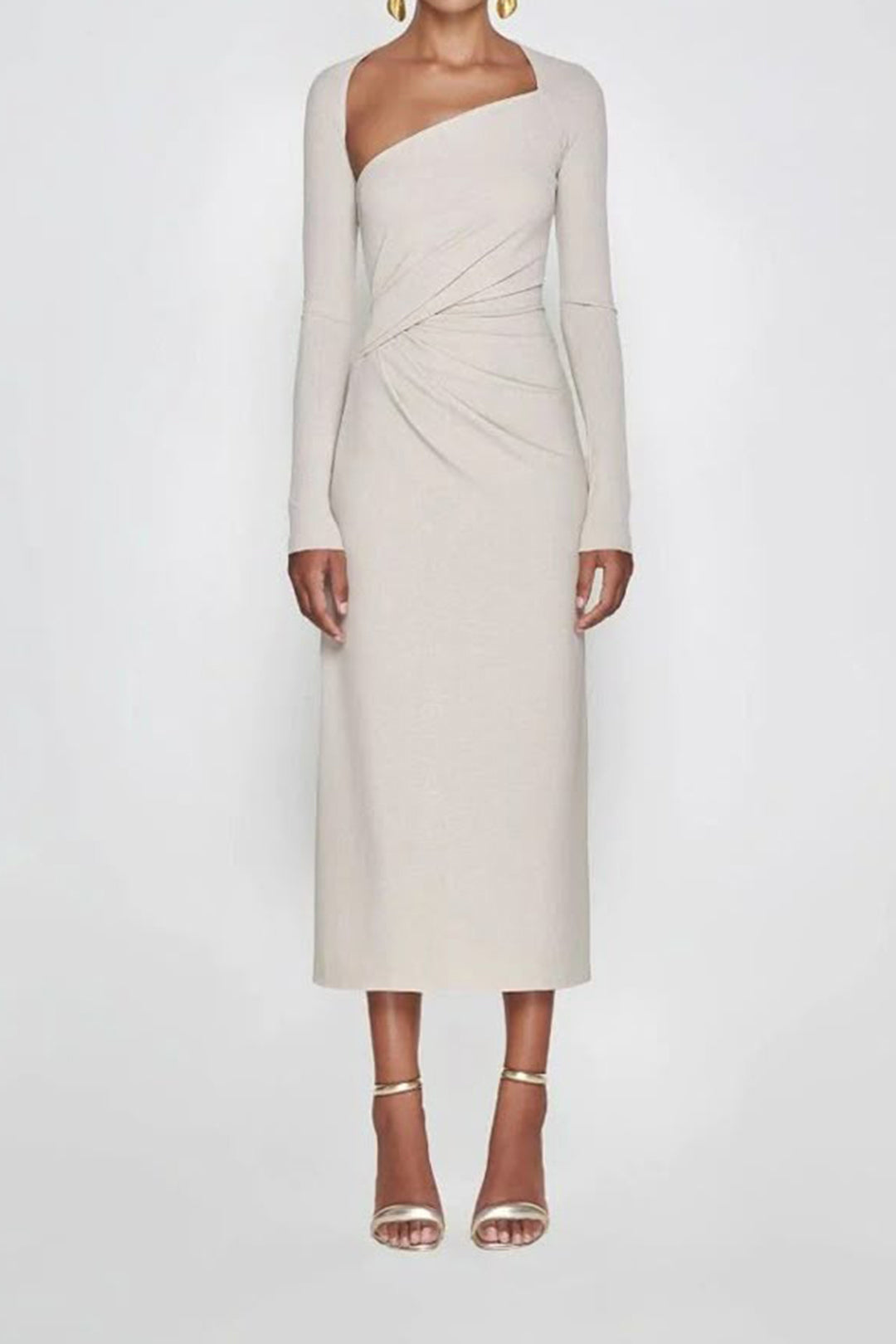 Ruched Zipper Long Sleeve Midi Dress