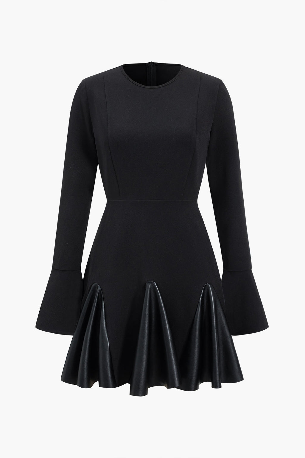 שמלת מיני עם שרוולים ארוכים וצווארון עגול דמוי עור 