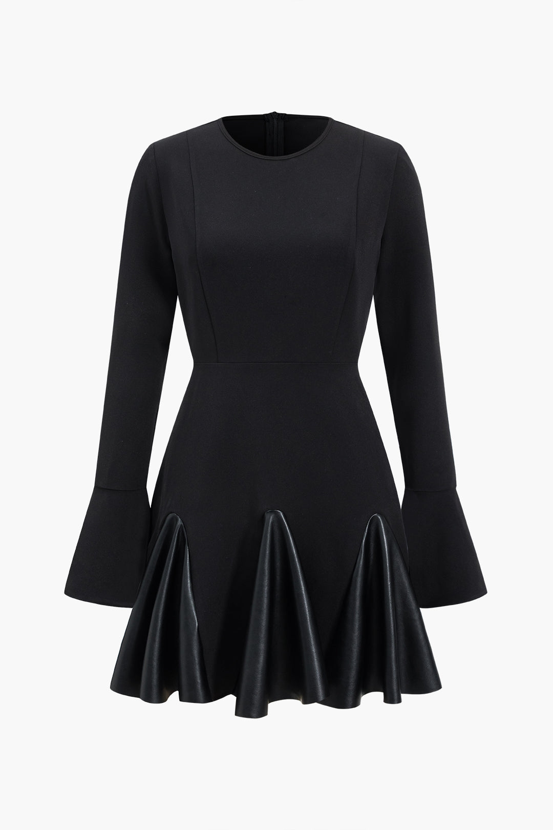 שמלת מיני עם שרוולים ארוכים וצווארון עגול דמוי עור 