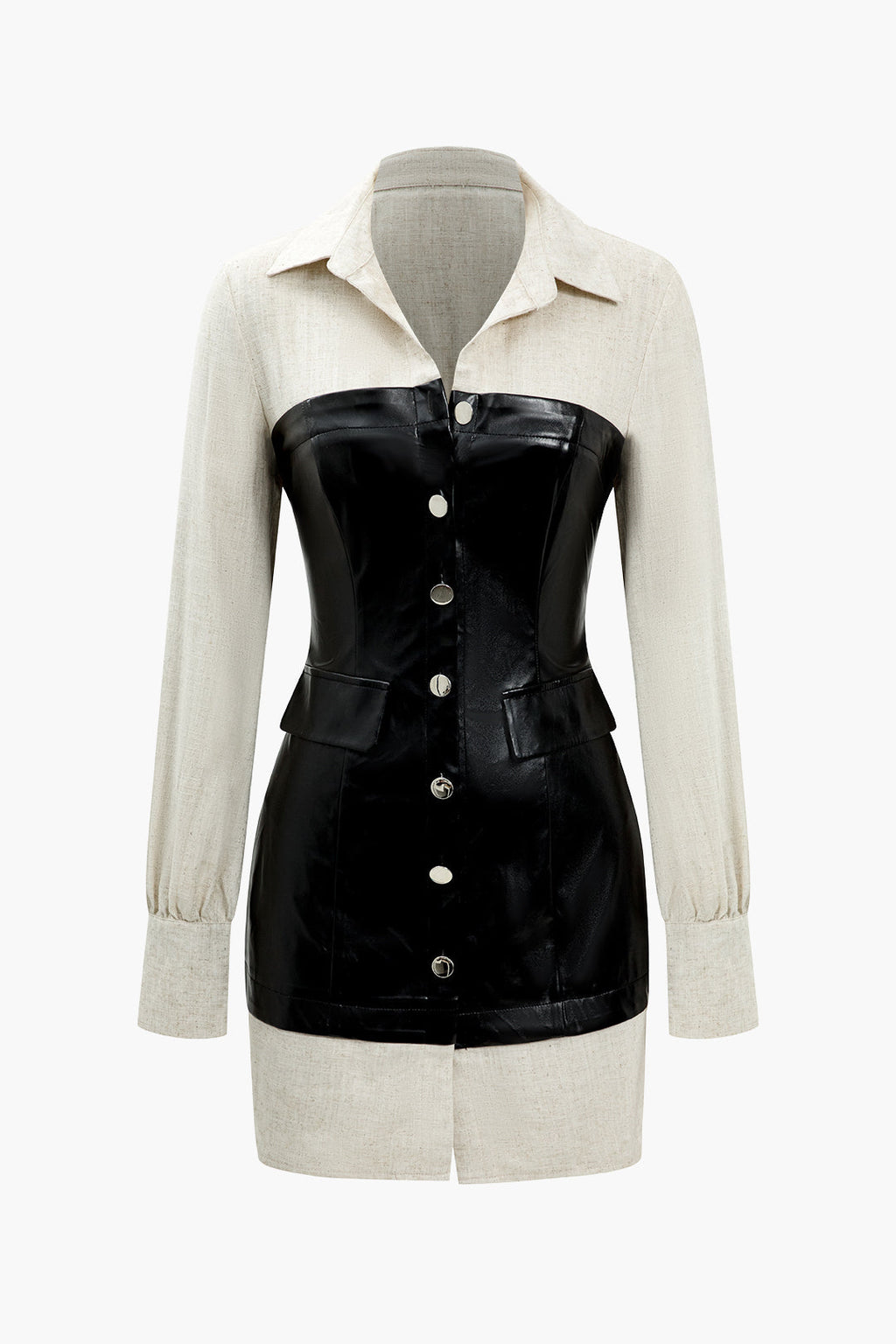 שמלת מיני דמוית עור עם טלאים מכופתרים 