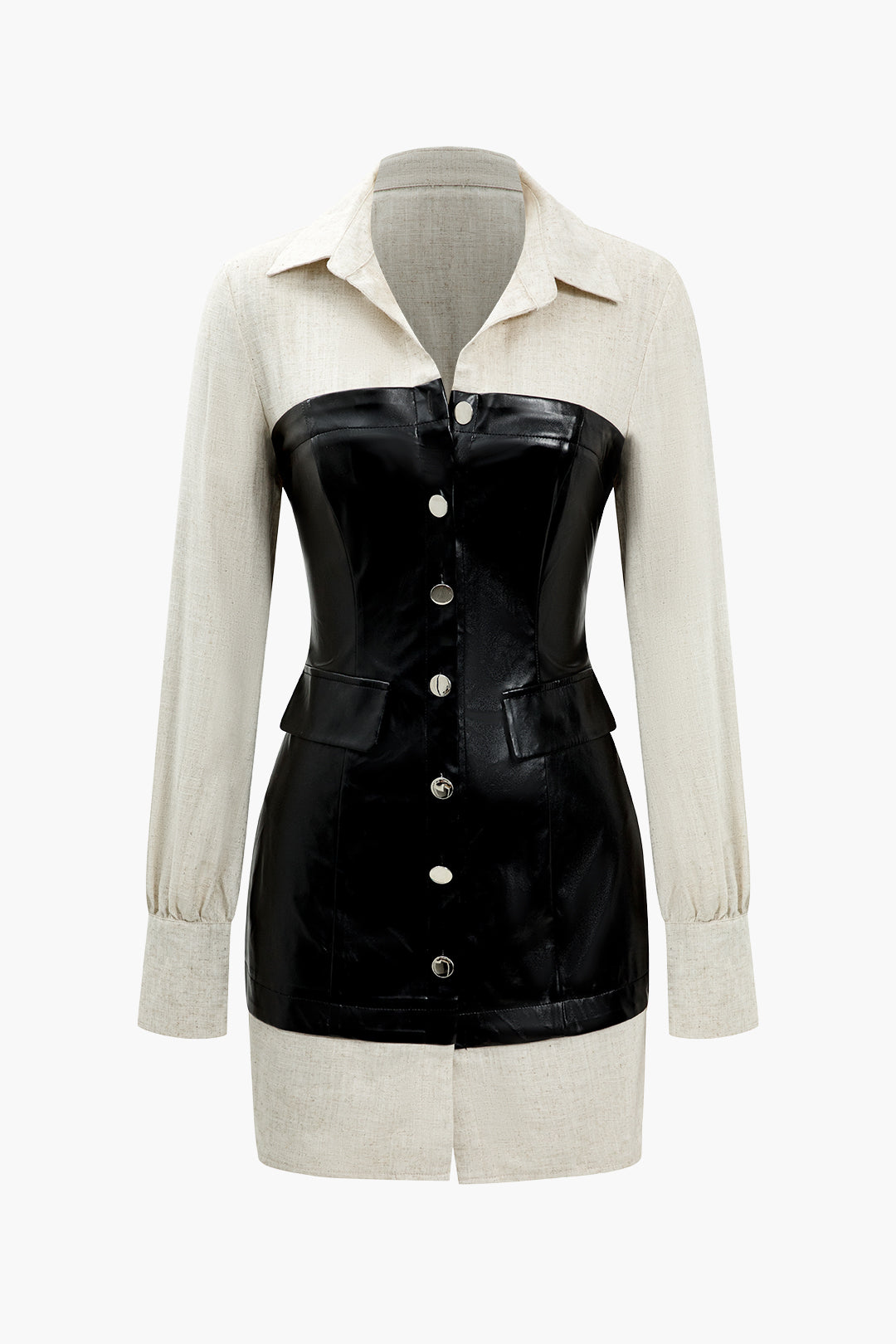 שמלת מיני דמוית עור עם טלאים מכופתרים 