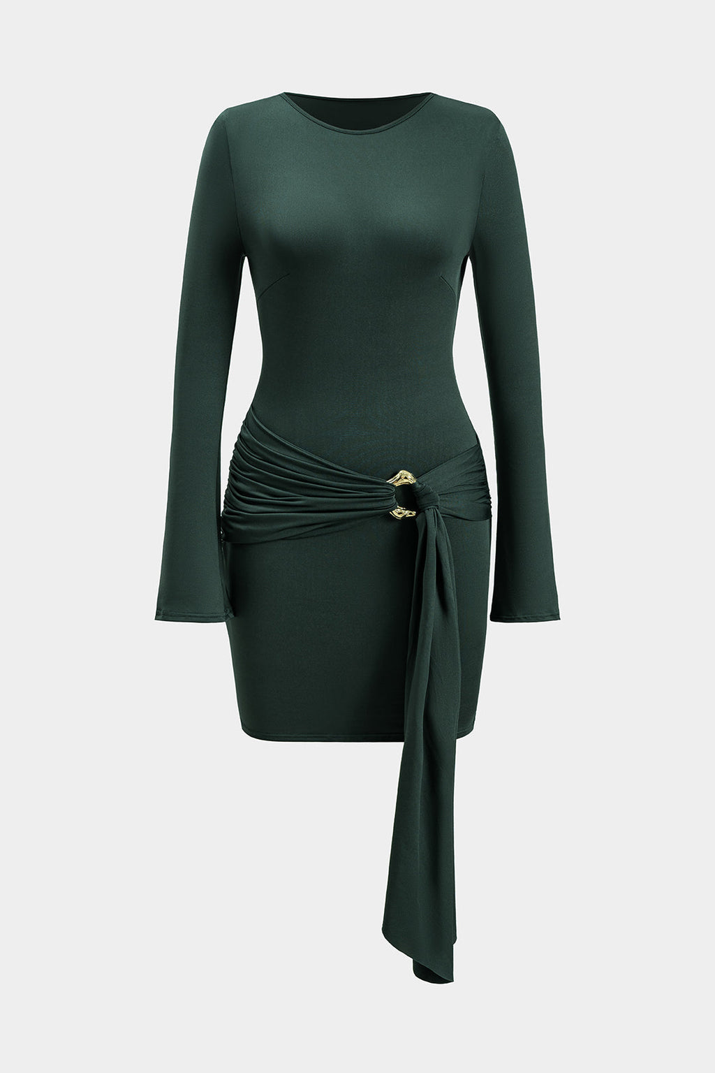 שמלת מיני ארוכת שרוולים עם קפלים וקשירה מטאלית 