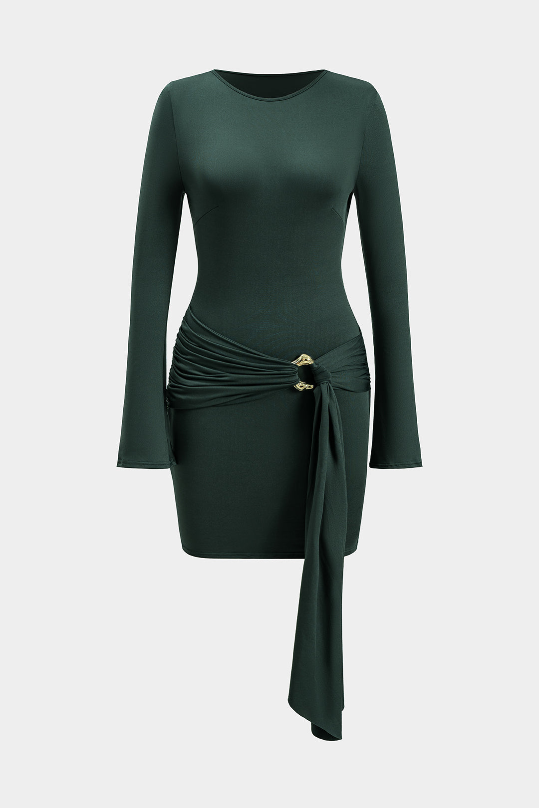 שמלת מיני ארוכת שרוולים עם קפלים וקשירה מטאלית 