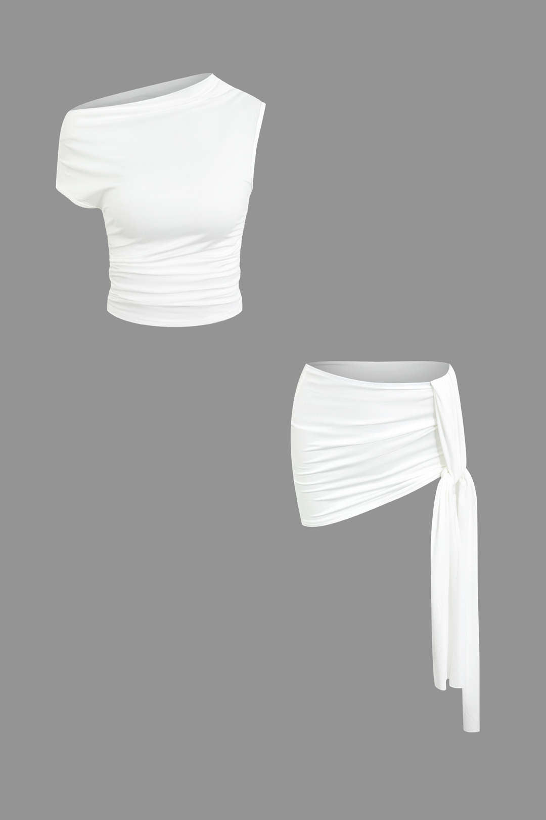 Conjunto Top Corto Asimétrico Y Falda Mini Atada Elegante