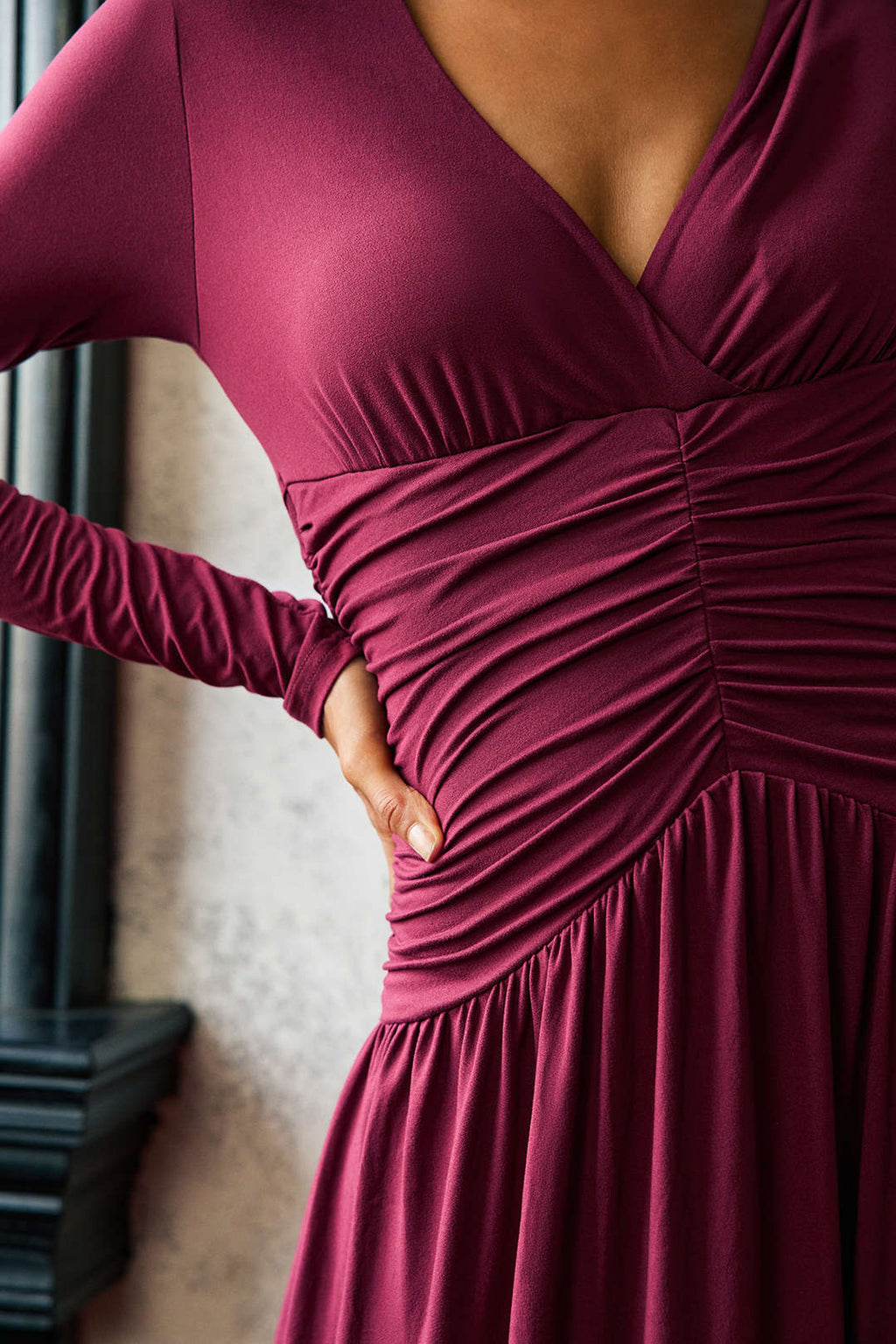 Ruched V-Neck Long Sleeve Maxi Dress