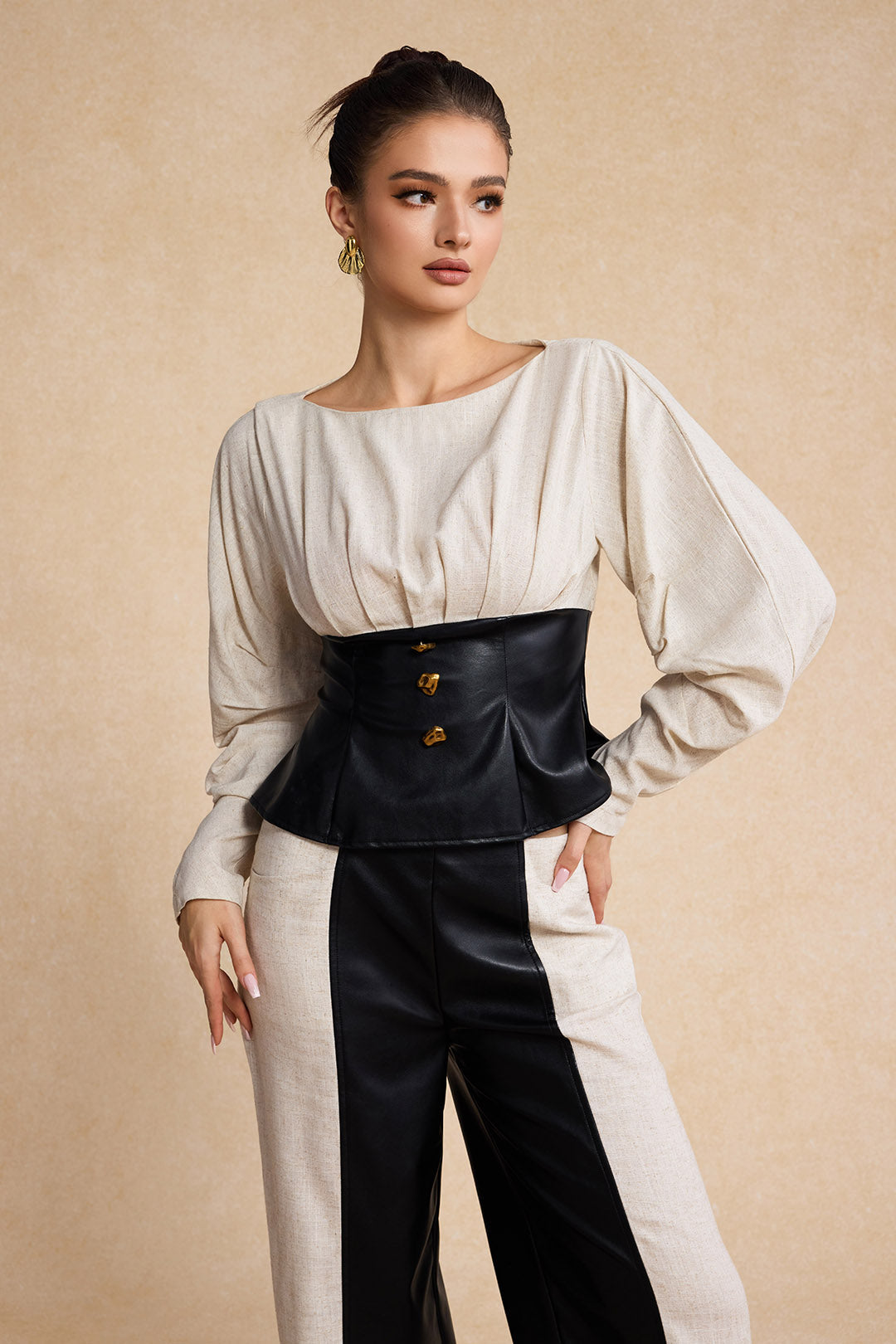 Linen Faux Leather Patchwork Long-Sleeve Shirt