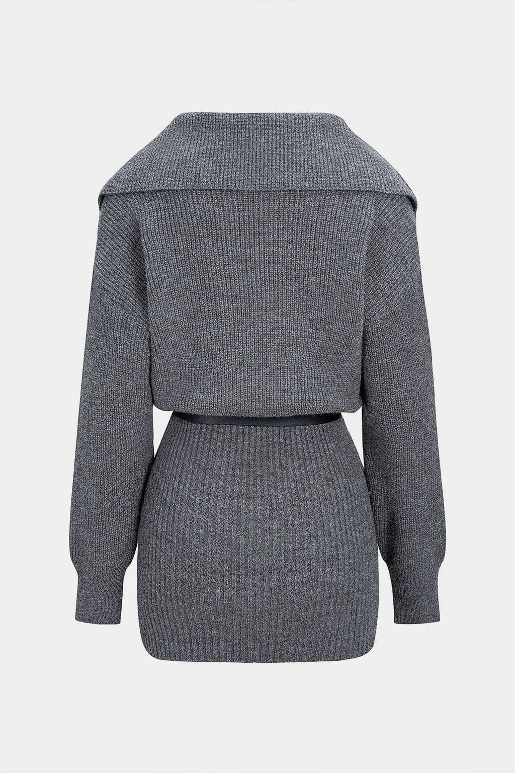 Knit Lapel Belted Long Sleeve Dress