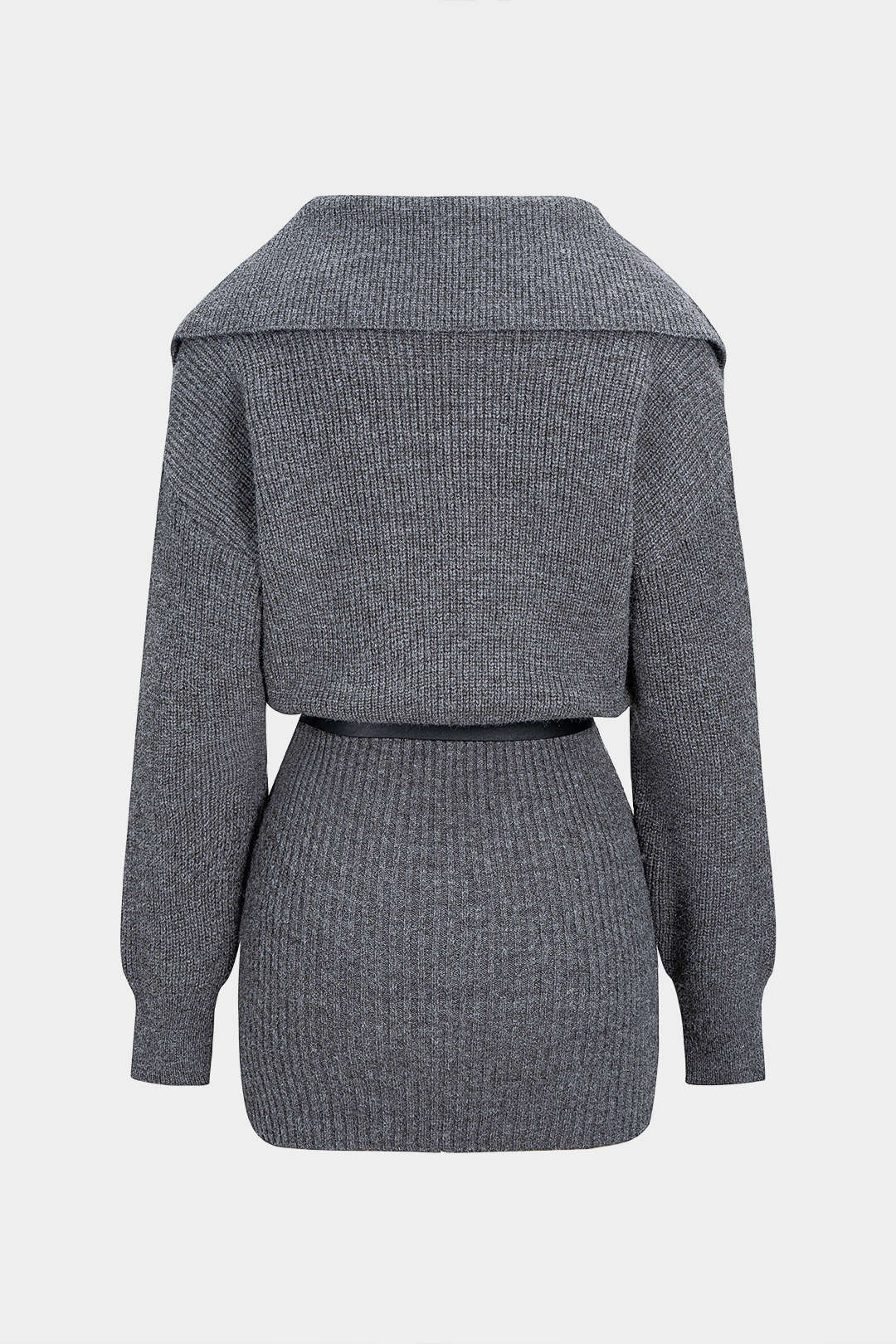 Knit Lapel Belted Long Sleeve Dress