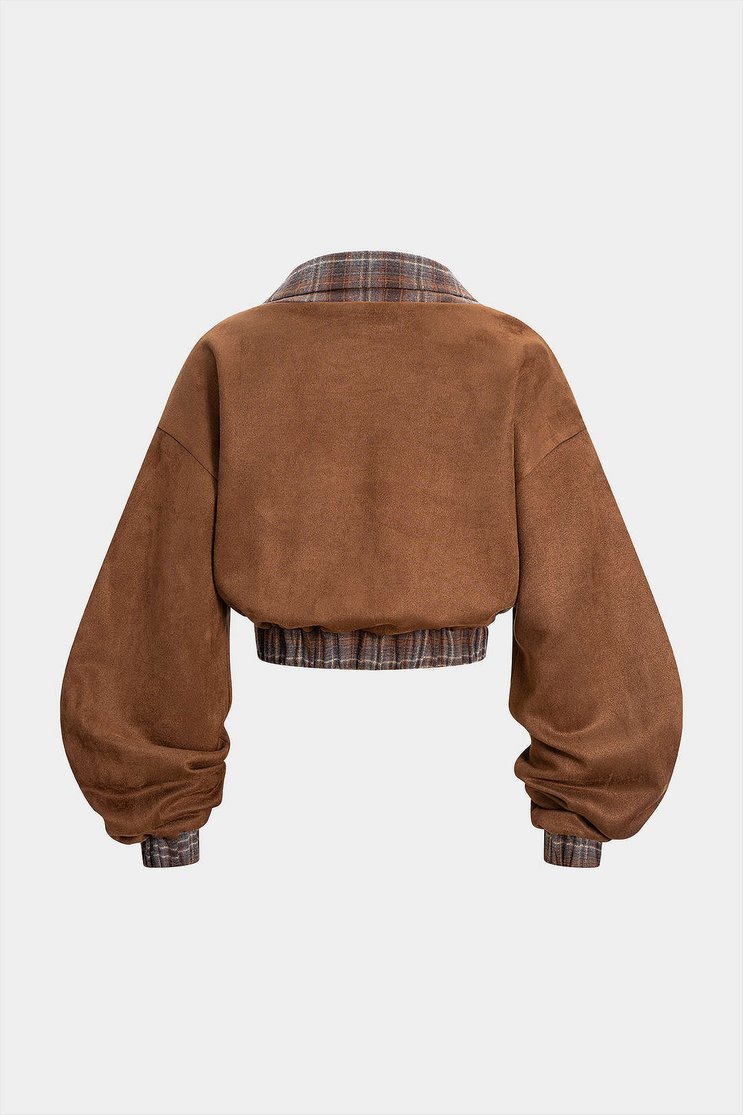 Plaid Print Suede Patchwork Button Shirred Waistband Sweatshirt