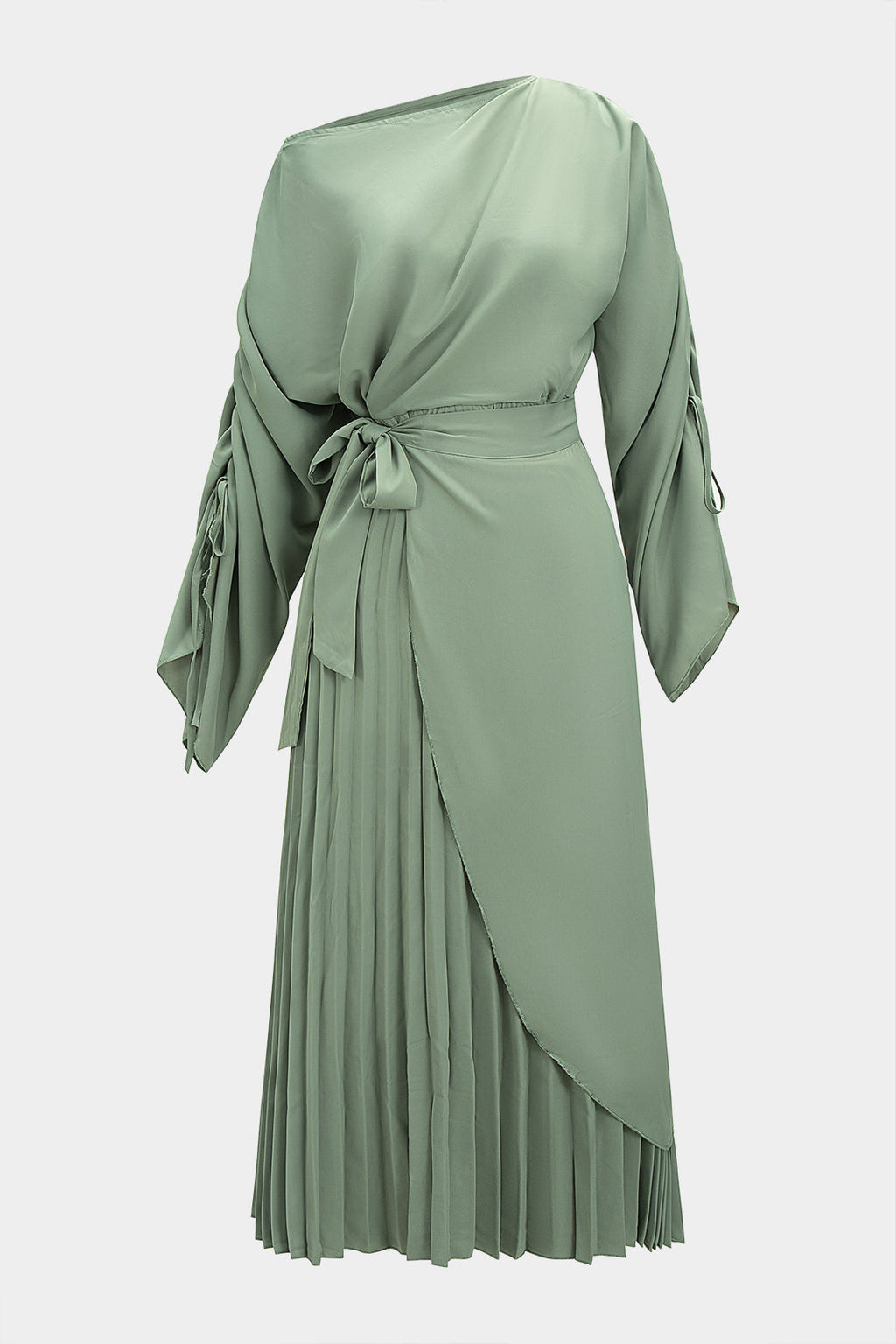 Asymmetrical Pleated Tie-Up Long Sleeve Maxi Dress