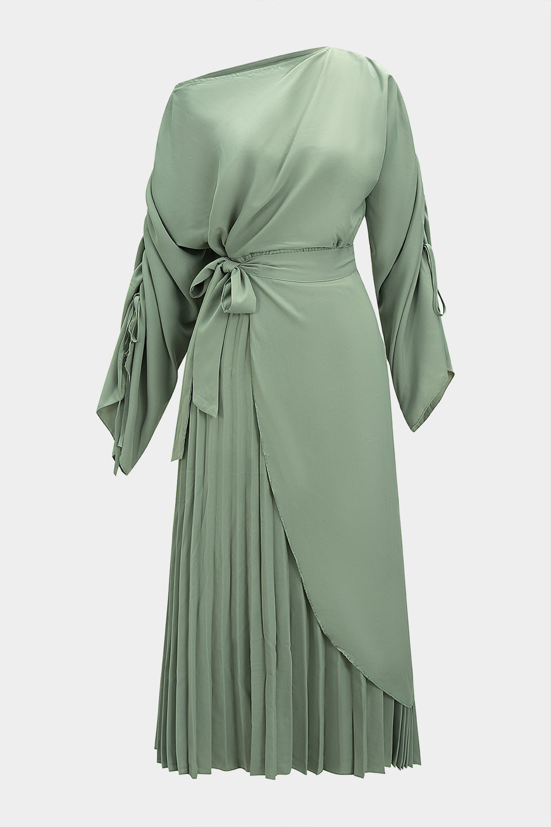 Asymmetrical Pleated Tie-Up Long Sleeve Maxi Dress