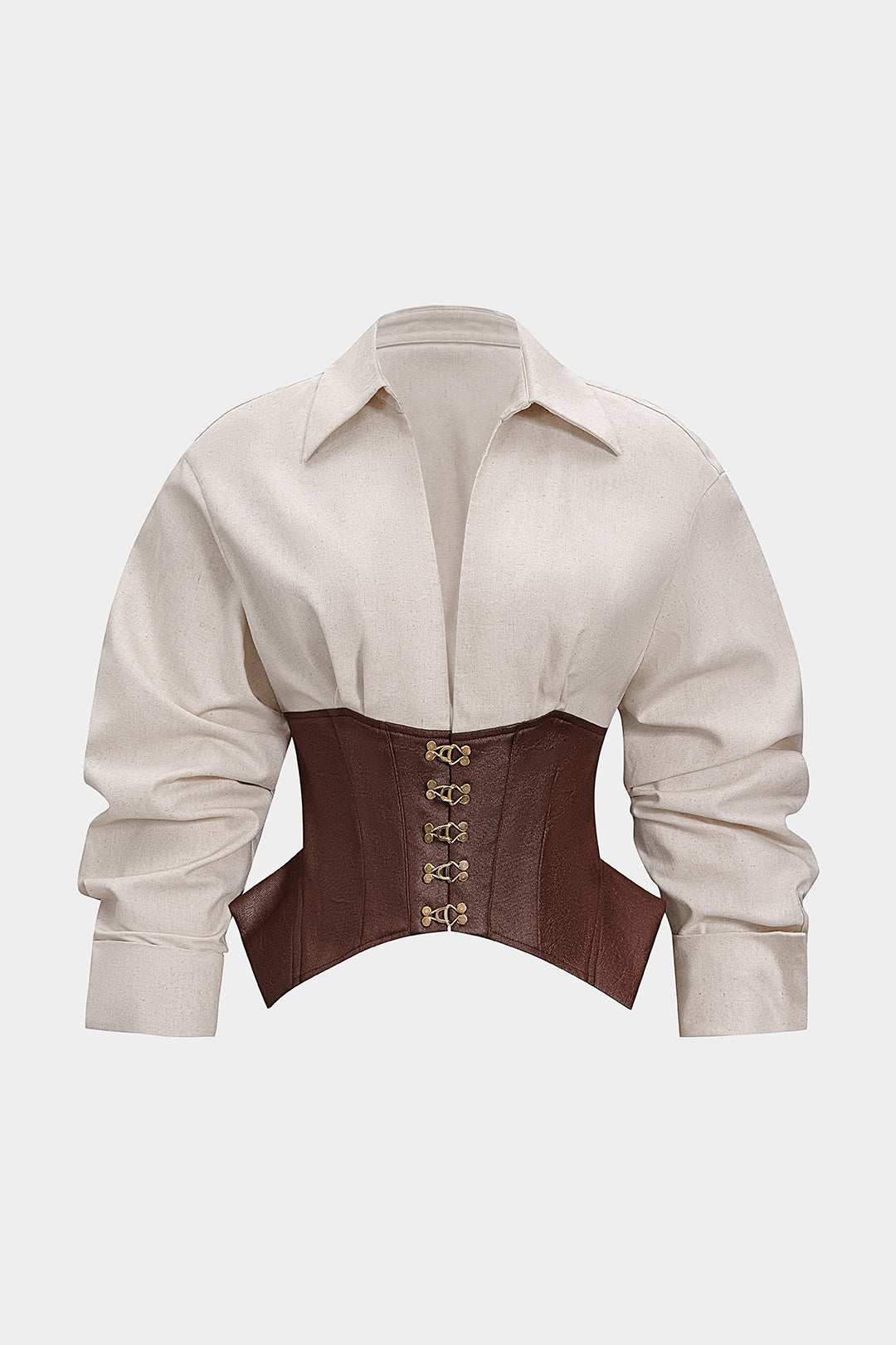 חולצה ארוכת שרוולים דמוית עור פשתן מטאלי עם טלאים 