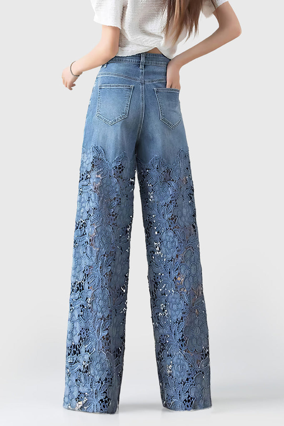 Vaqueros Denim Anchos Con Encaje Desgastados Para Mujer