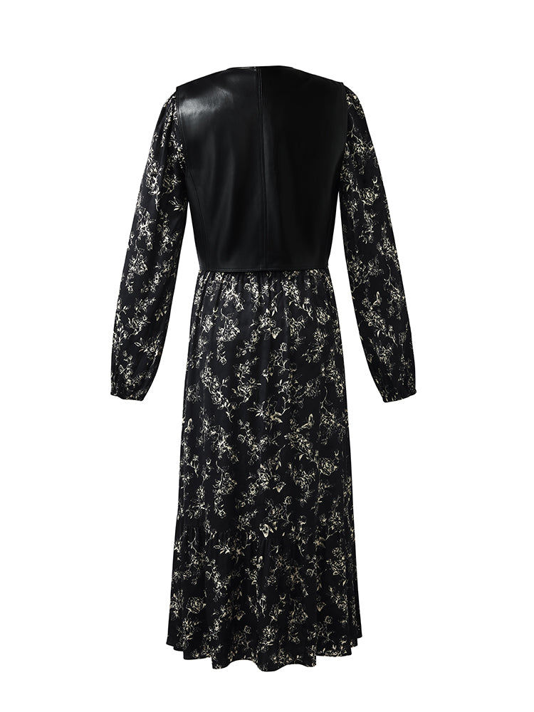 Conjunto Chaleco Eco Cuero Vegano y Vestido Midi Floral
