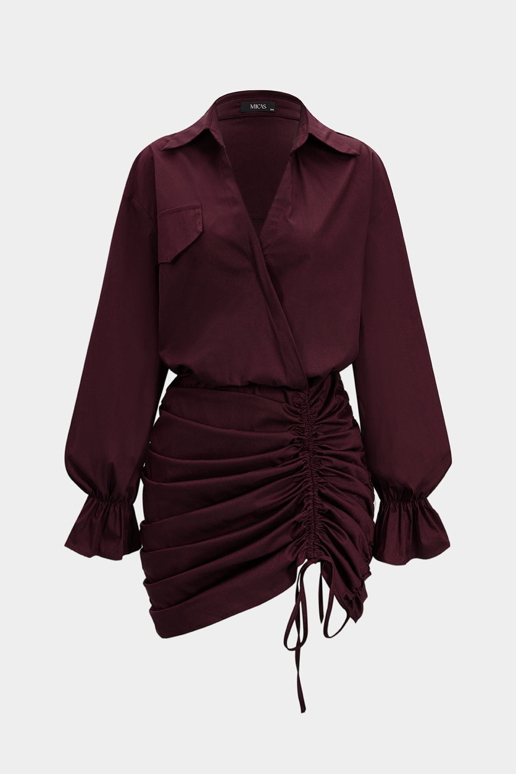 Ruched V-Neck Drawstring Ruffle Long Sleeve Mini Dress