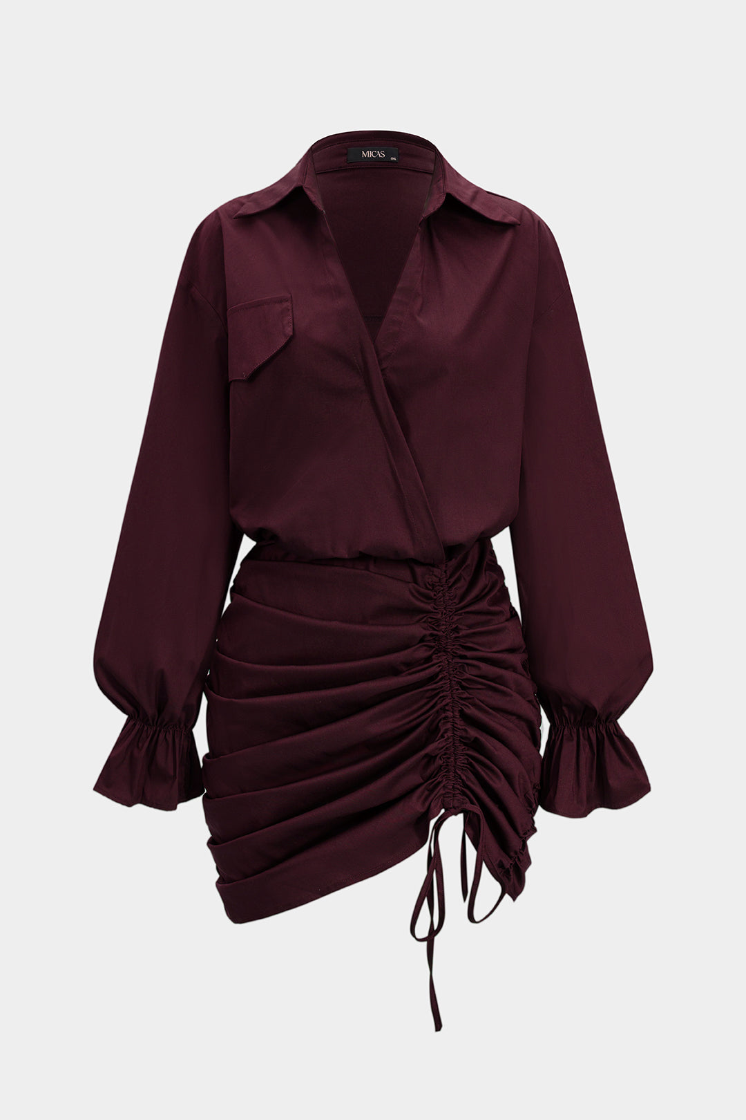 Ruched V-Neck Drawstring Ruffle Long Sleeve Mini Dress