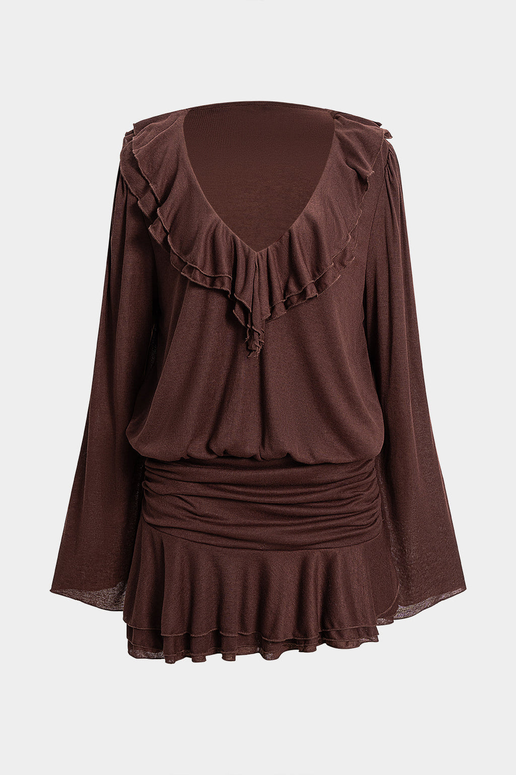 Solid Ruffel Ruched V-Neck Long Sleeve Mini Dress