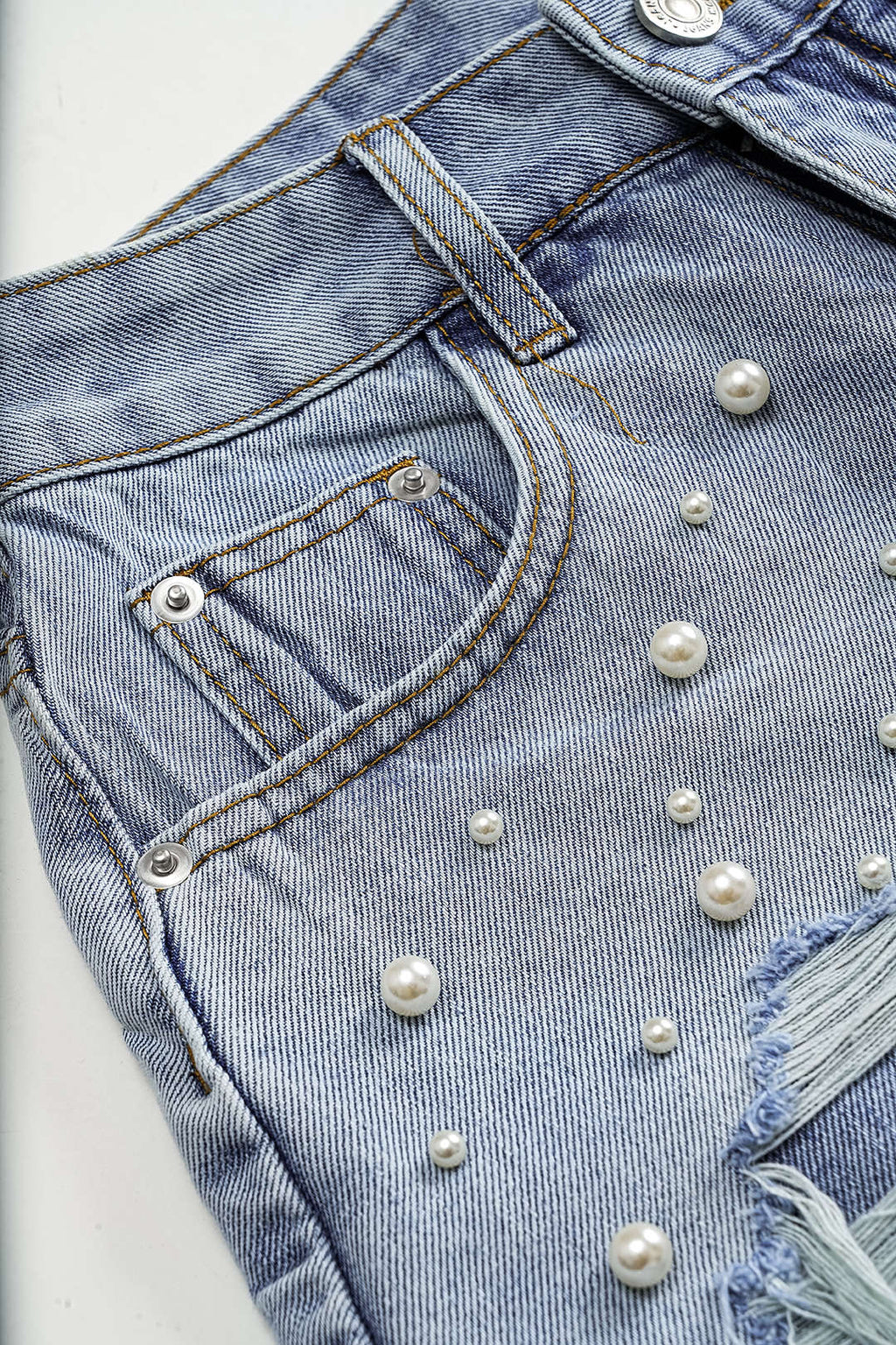 Shorts Denim Cintura Alta Con Abalorios Para Uso Diario