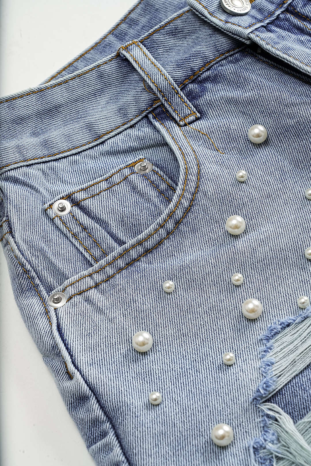 Shorts Denim Cintura Alta Con Abalorios Para Uso Diario