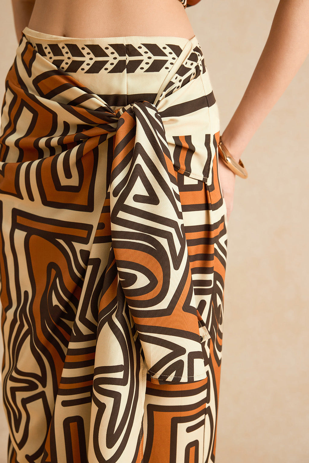 Abstract Geometric Bohemian Print Ruched Tie Front Twist Knot Zipper Skirt