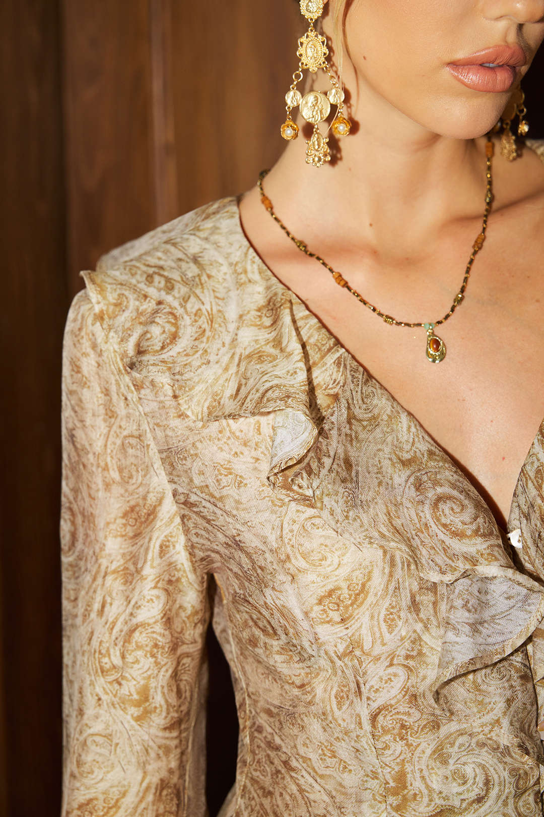 Abstract Print Ruffle Neck Long-Sleeve Shirt