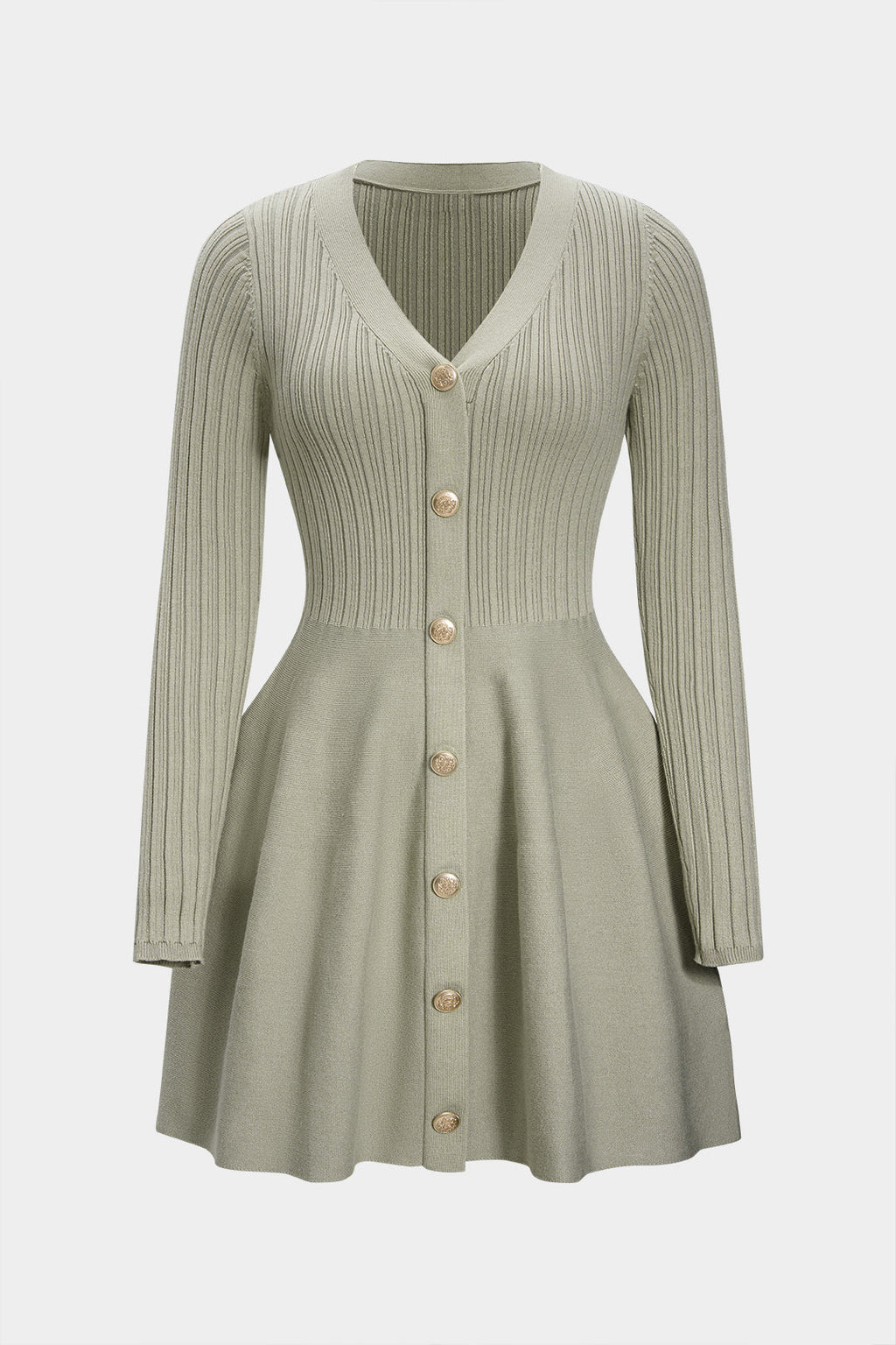 Knit V-Neck Ribbed Long Sleeve Dress