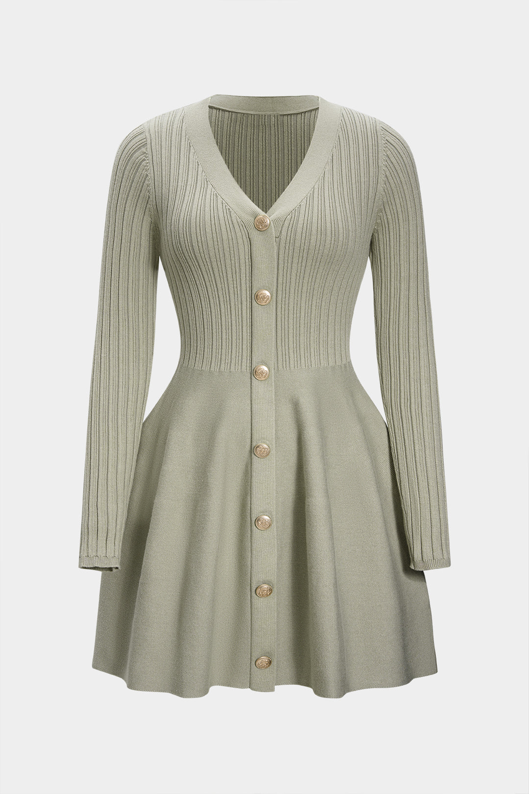 Knit V-Neck Ribbed Long Sleeve Dress