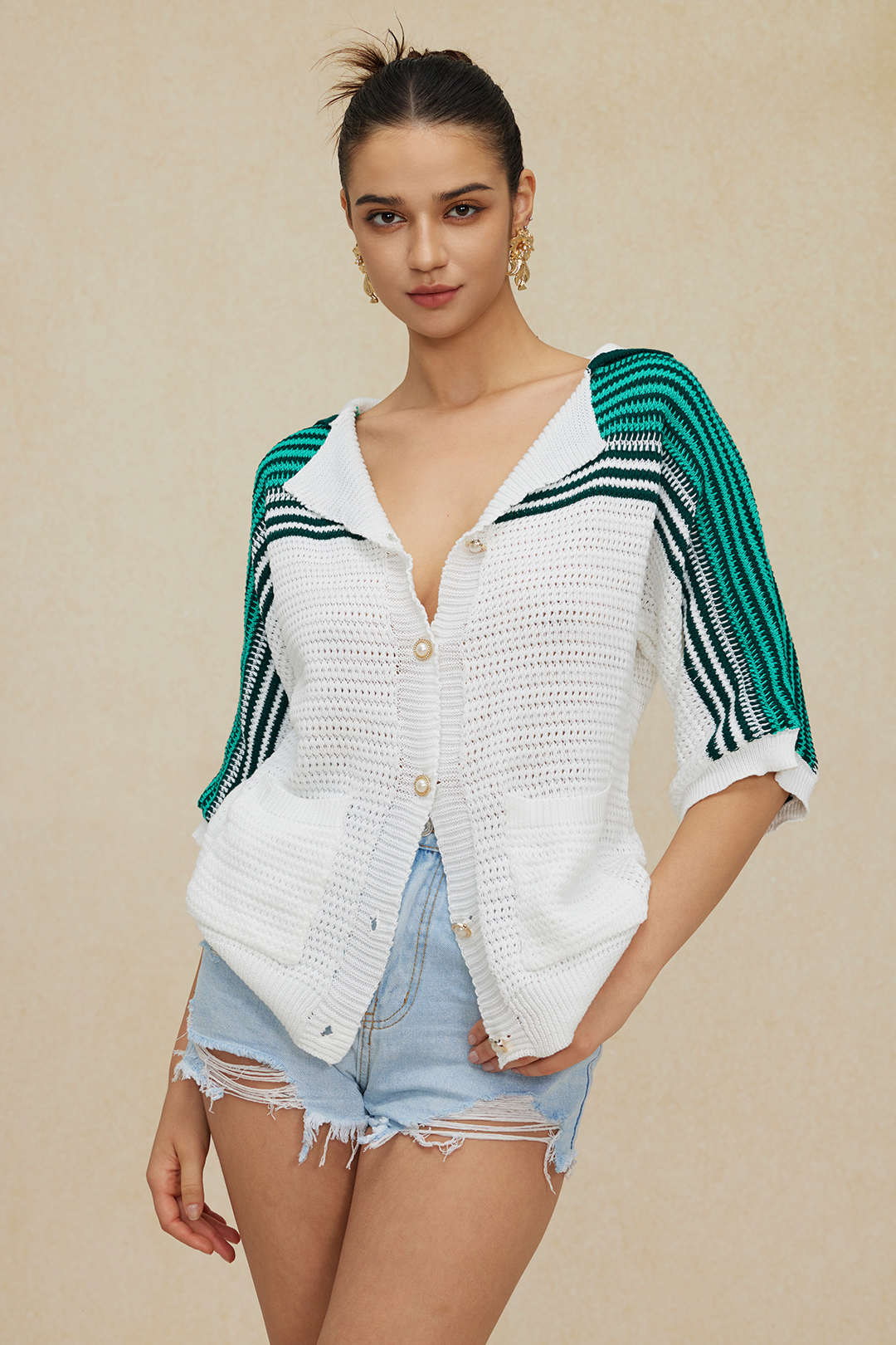 Blusa Crochet Contraste Manga Corta Mujer Elegante