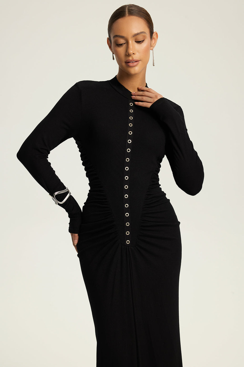 Metallic Ring Ruched Long Sleeve Maxi Dress