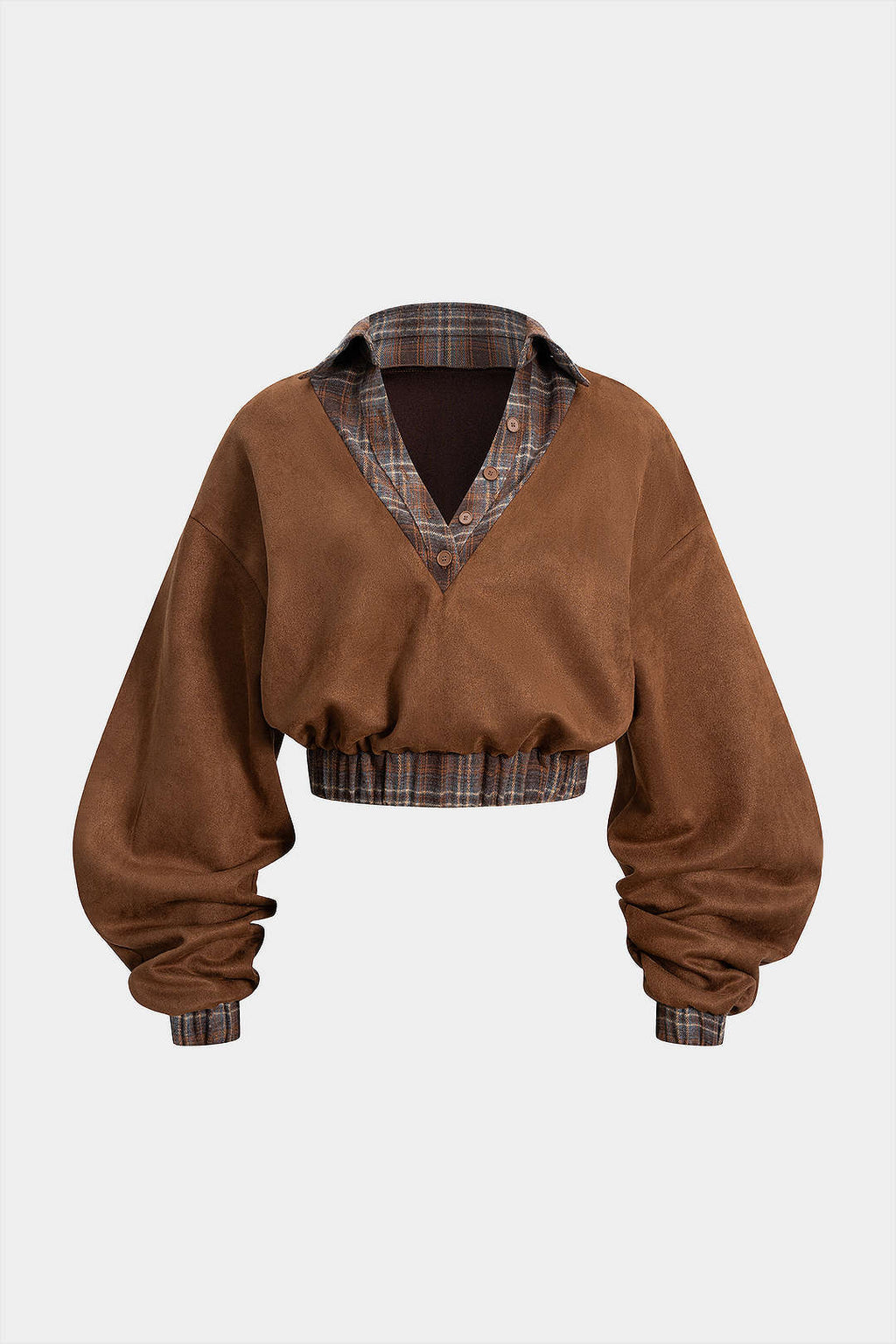 Plaid Print Suede Patchwork Button Shirred Waistband Sweatshirt