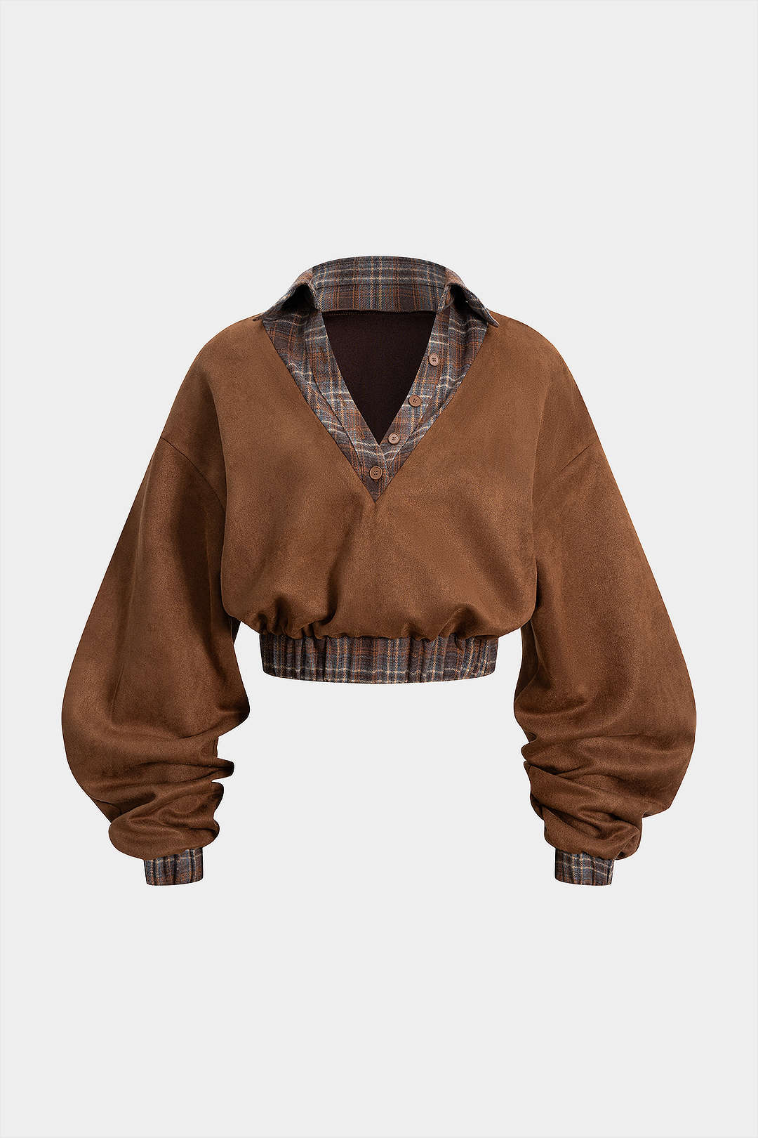 Plaid Print Suede Patchwork Button Shirred Waistband Sweatshirt