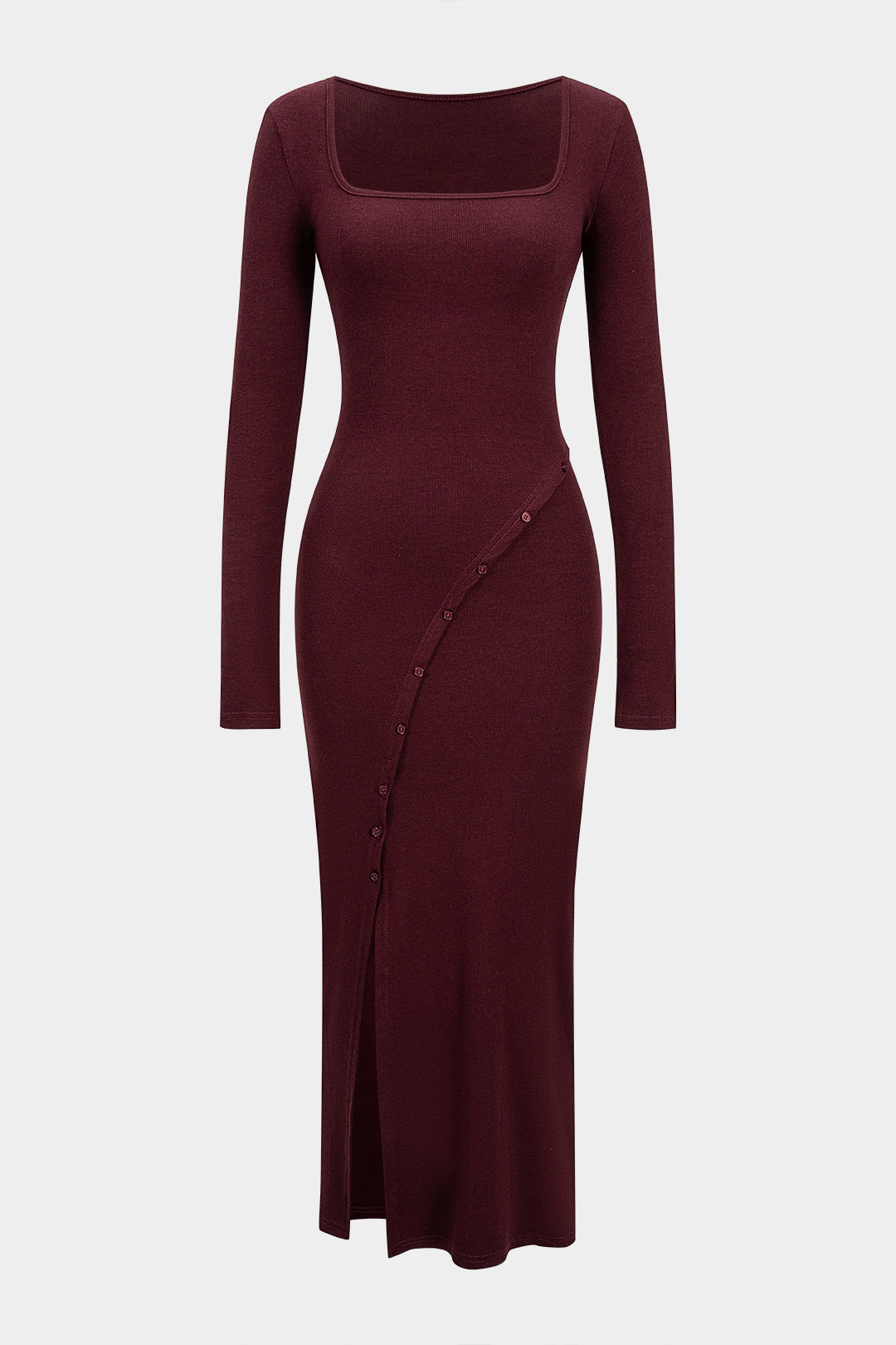 Asymmetrical Button Split Square Neck Long Sleeve Maxi Dress