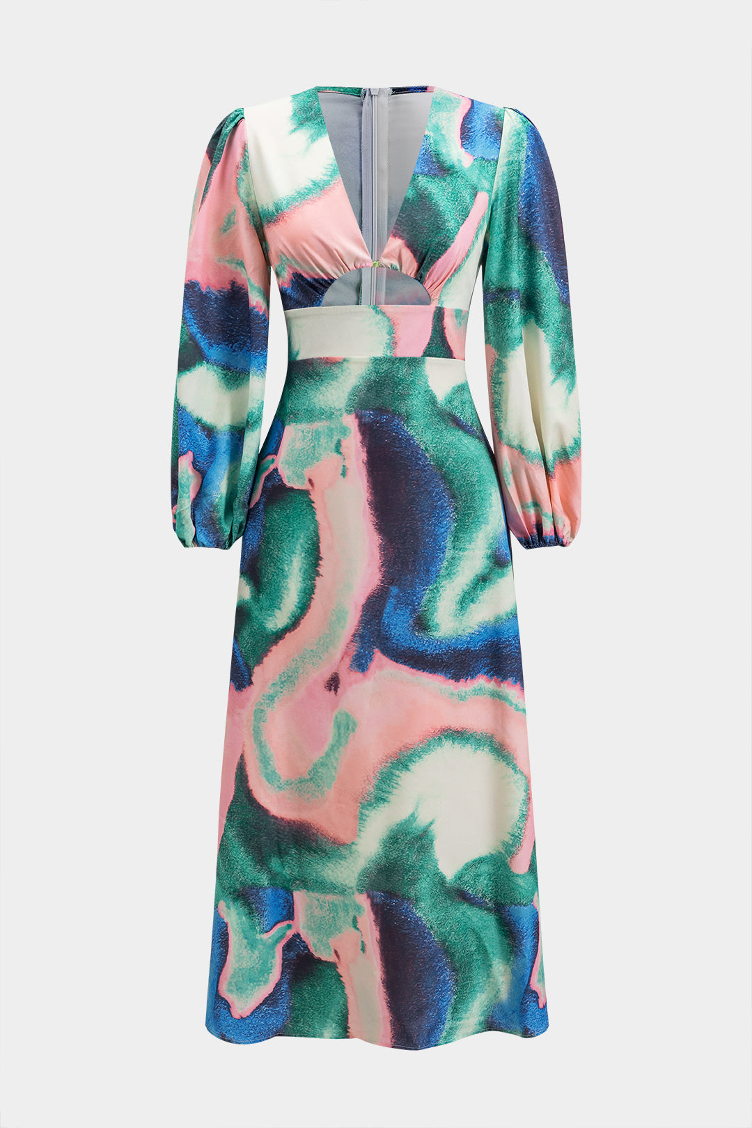 שמלת מידי עם צווארון V וגזרה ארוכה בהדפס צבעי מים 