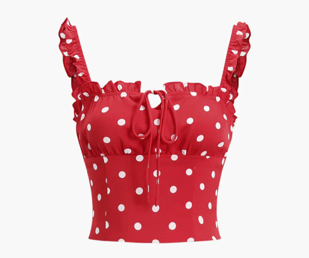 Crop Top Soral Rojo Con Lunares Blancos Volantes De Hombro