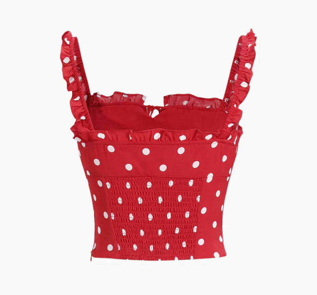 Crop Top Soral Rojo Con Lunares Blancos Volantes De Hombro