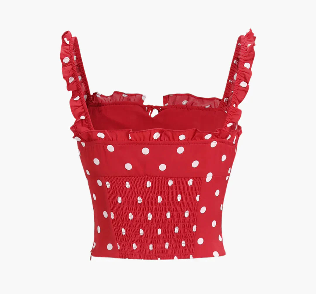 Crop Top Soral Rojo Con Lunares Blancos Volantes De Hombro