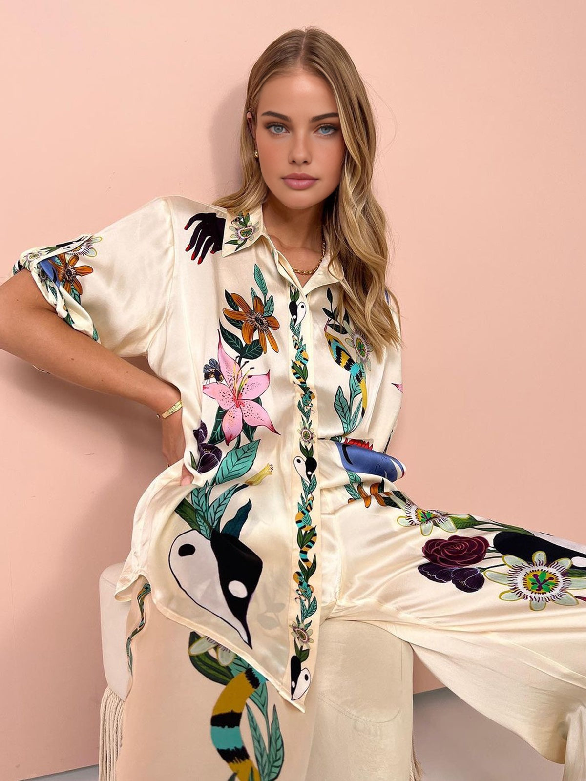 Conjunto Pantalón Satín Floral Para Primavera Verano