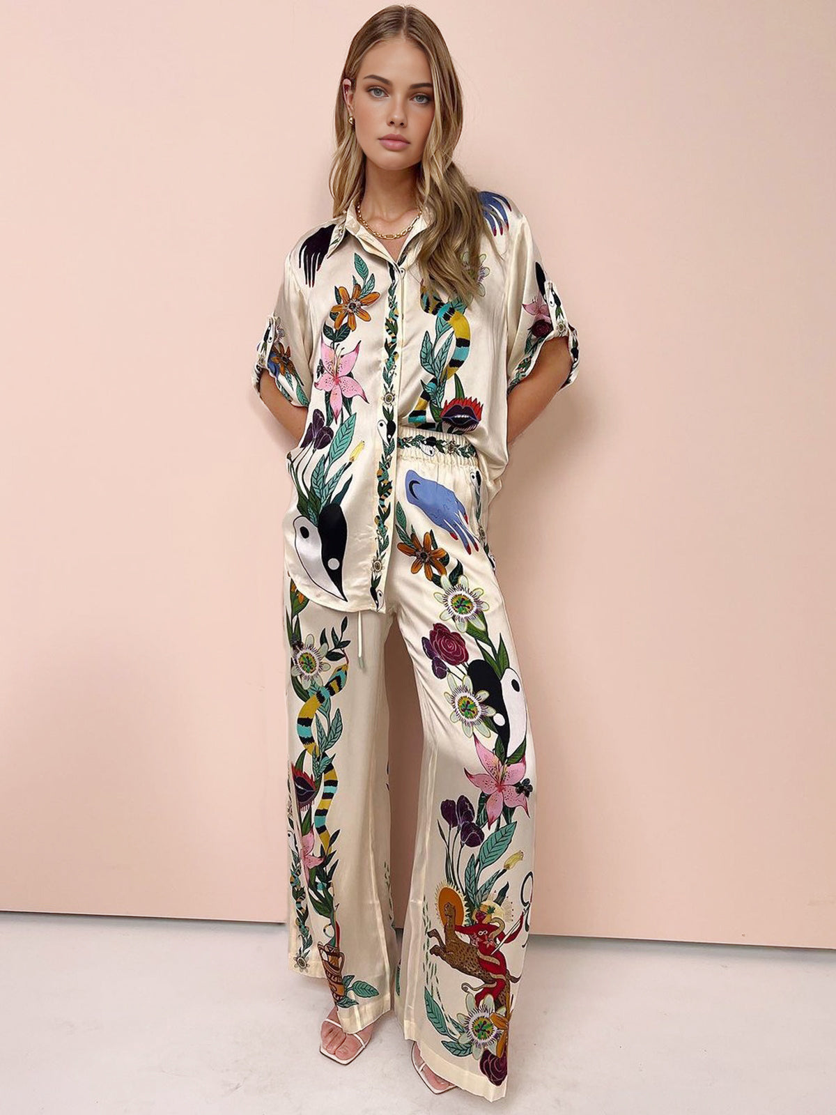 Conjunto Pantalón Satín Floral Para Primavera Verano