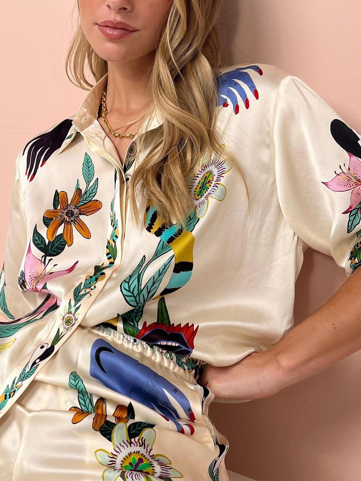 Conjunto Pantalón Satín Floral Para Primavera Verano