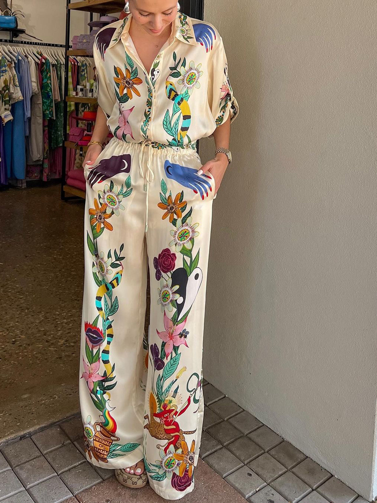 Conjunto Pantalón Satín Floral Para Primavera Verano
