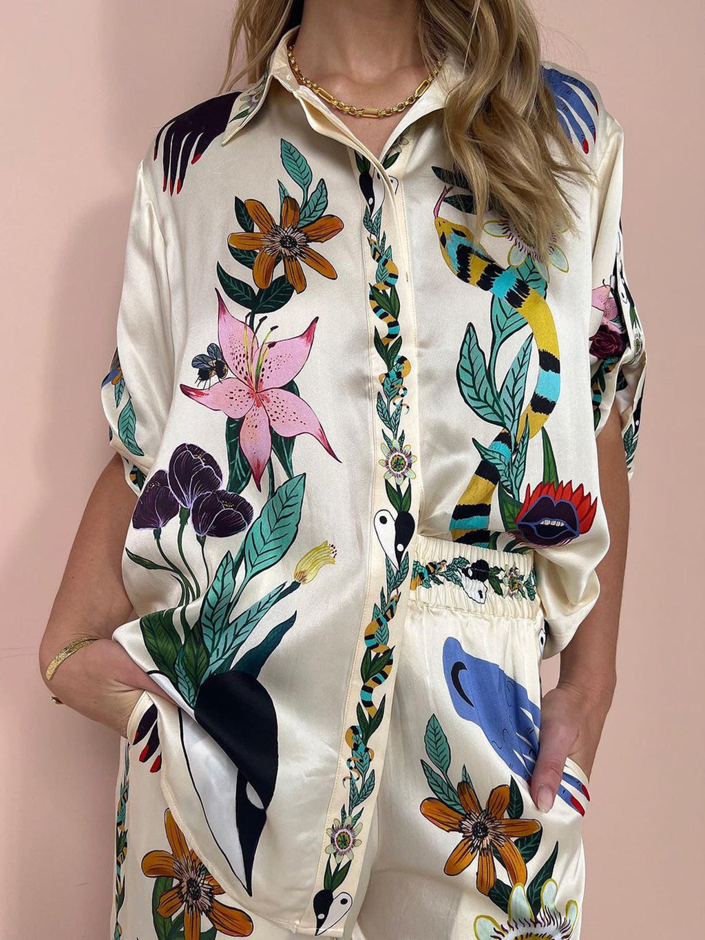Conjunto Pantalón Satín Floral Para Primavera Verano