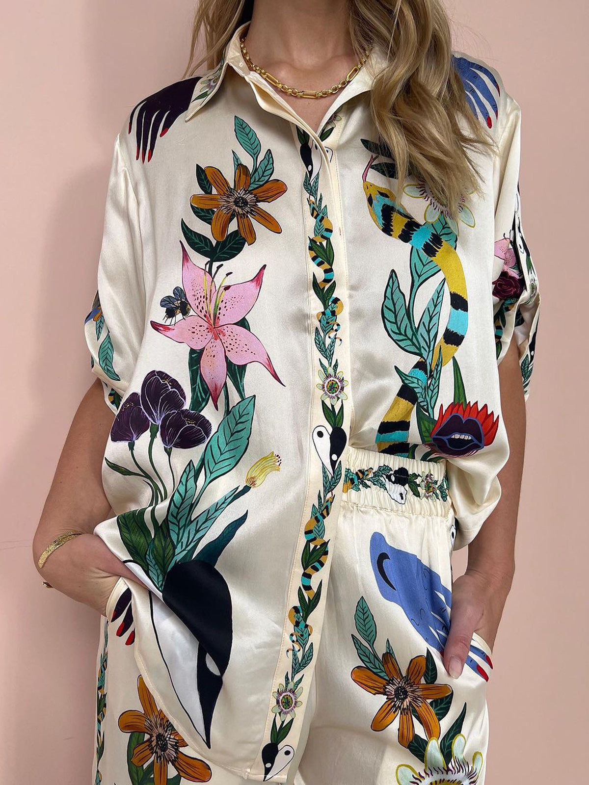 Conjunto Pantalón Satín Floral Para Primavera Verano