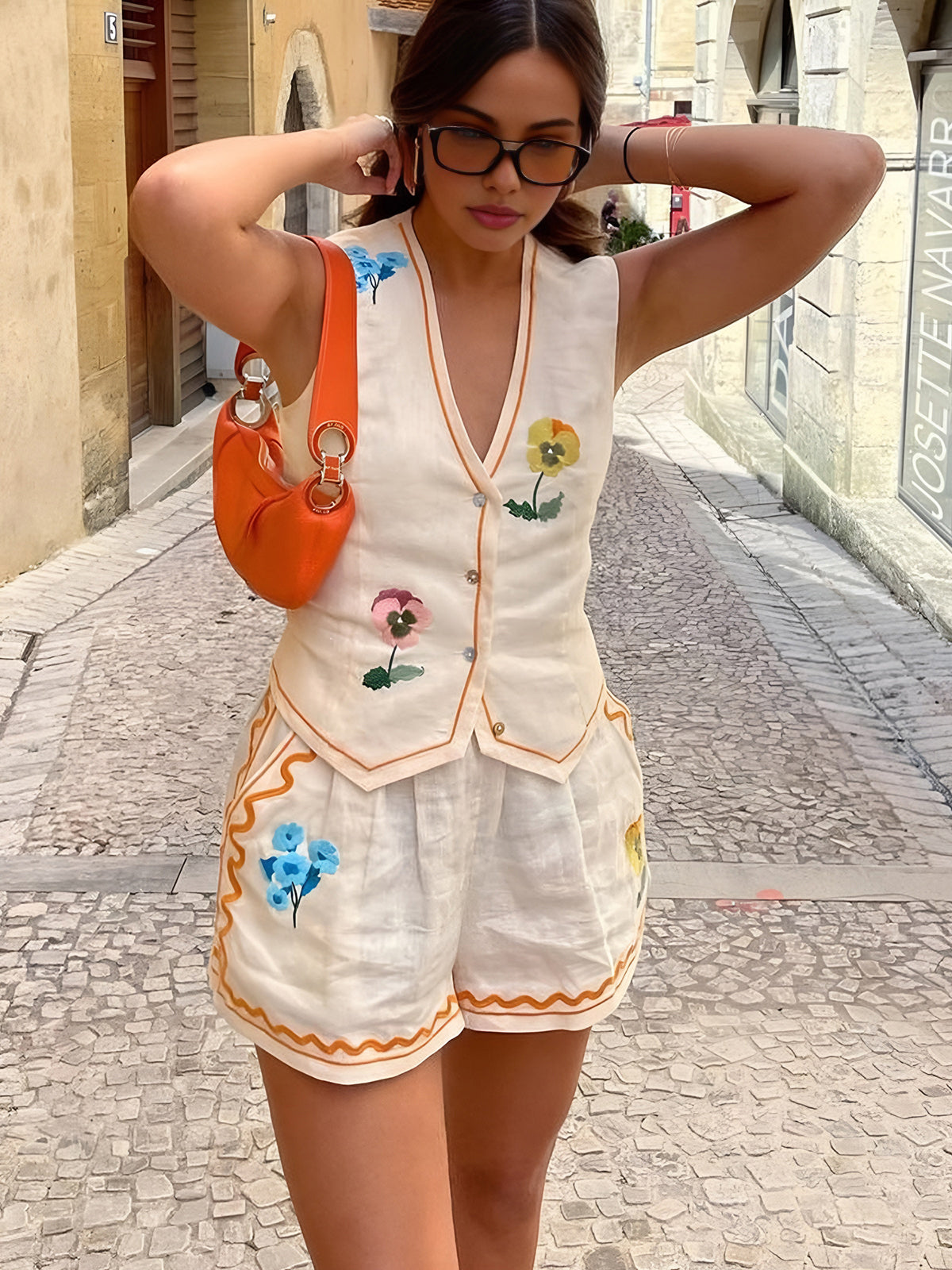 Conjunto Top Sin Mangas Y Shorts Bordados Florales Mujer