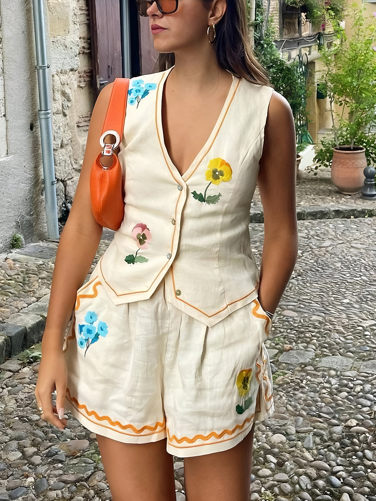 Conjunto Top Sin Mangas Y Shorts Bordados Florales Mujer